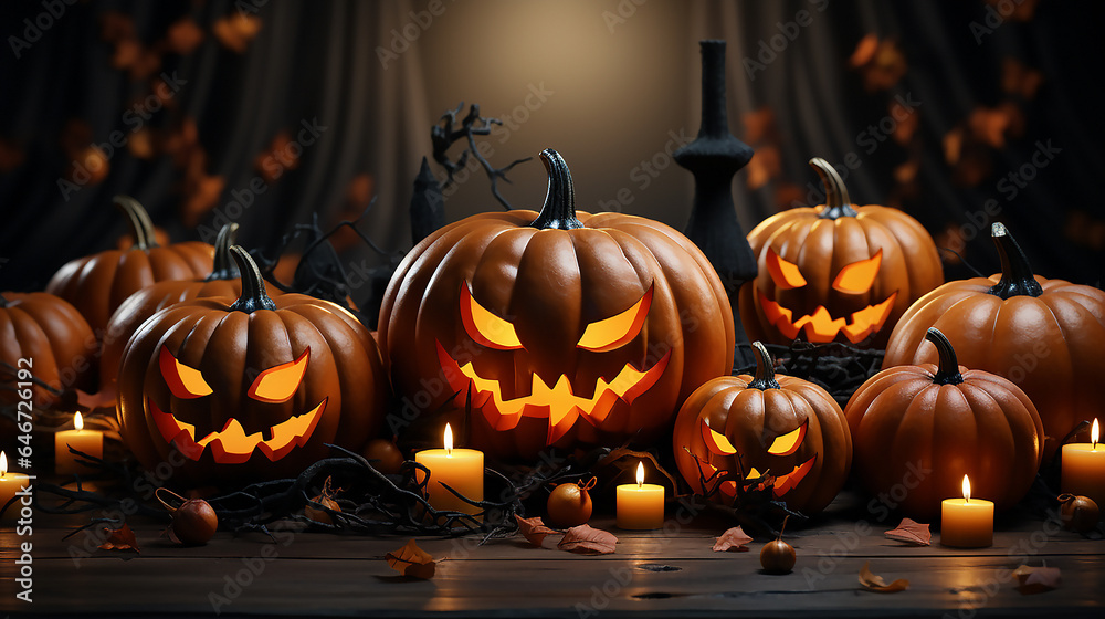 Fototapeta premium Happy Halloween Festive background with pumpkin with cut scary smile and dark moon light. 