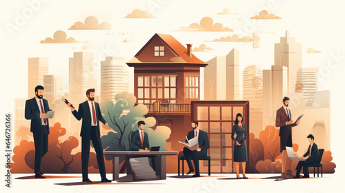 Attorney agency vector illustration. Business people and real estate agent in office building.