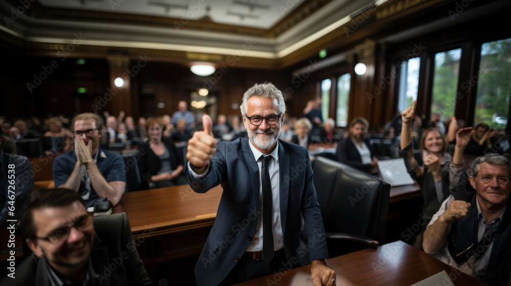 Senior lawyer show thumb up in court of justice law. WIn case. Senior lawyer show thumb up in court of justice law. WIn case.