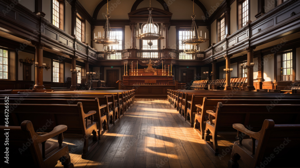 Interior of a court with a wooden pulpit and chairs. Interior of a court with a wooden pulpit and chairs.