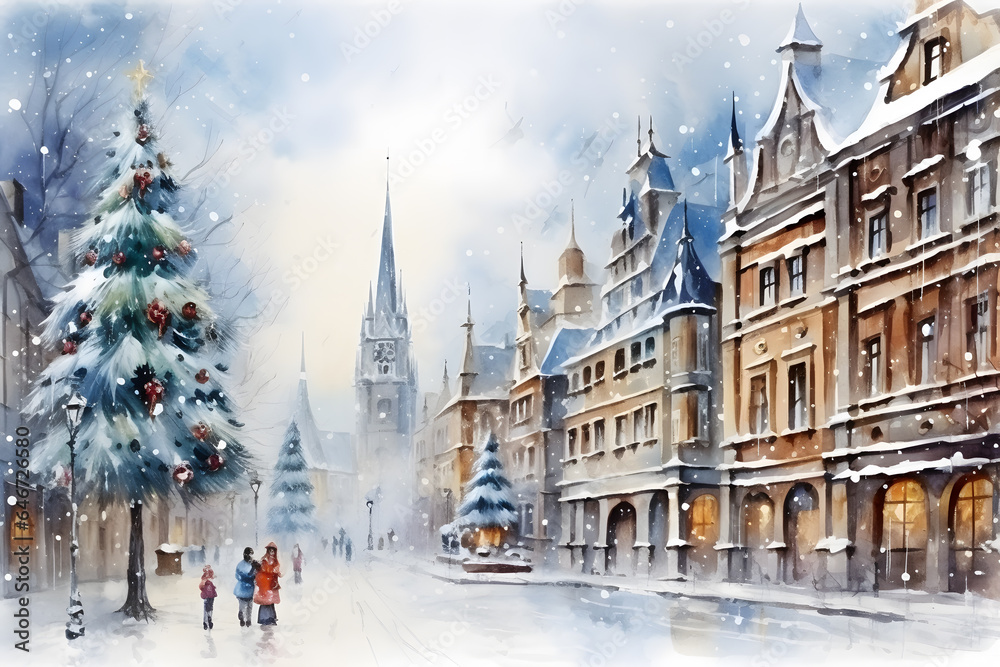 Cityscape with skyscraper and Christmas tree in modern city on snowvy season to X'mas celebrate. Watercolor illustration background