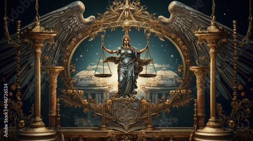Law and Justice concept with scales of justice and statue of Themis.