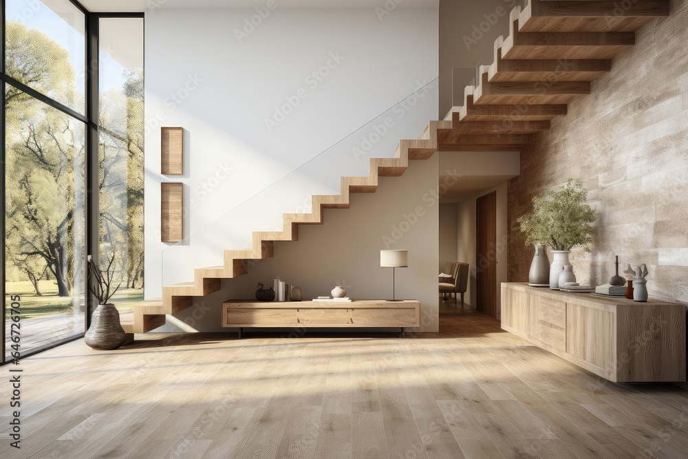 modern luxury scandinavian entrance hall with staircase and light natural materials - obrazy, fototapety, plakaty 
