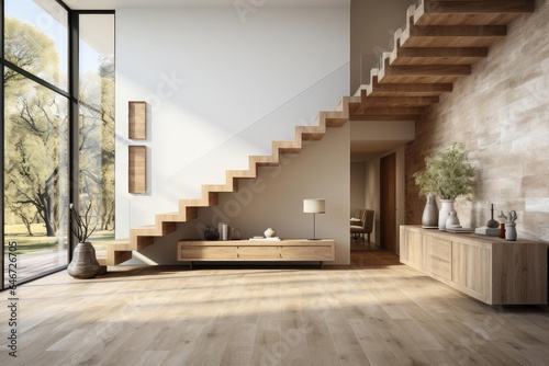 modern luxury scandinavian entrance hall with staircase and light natural materials