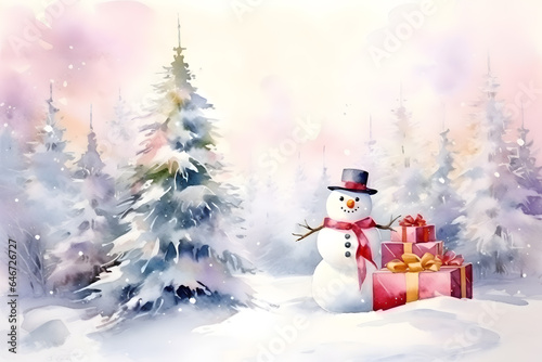 Happy snowman with gifts and christmas tree on snowvy for merry christmas celebration with blur background. Watercolor illustration background