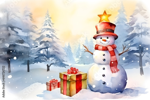 Happy snowman with gifts and christmas tree on snowvy for merry christmas celebration with blur background. Watercolor illustration background
