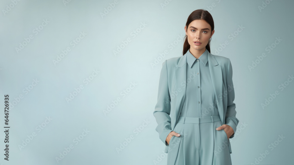 A young brunette in blue clothes stands against a solid blue background. Studio. Isolated blue background. A young brunette in blue clothes stands against a solid blue background. Studio. Isolated blue background.