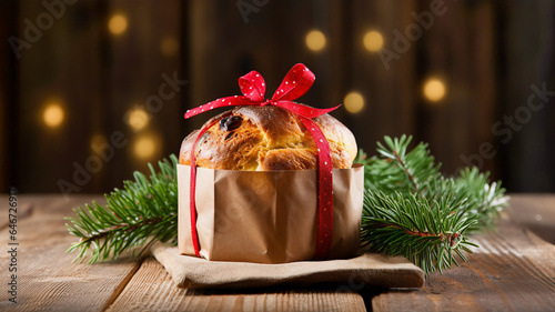 Traditional Italian Christmas pastry panettone with raisins wrapped in brown paper tied with red ribbon. Rustic style cozy homely atmosphere. Holiday baking concept