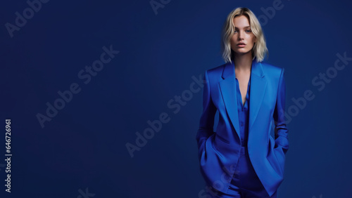 A young blonde woman in blue clothes stands against a solid blue background. Studio. Isolated blue background.