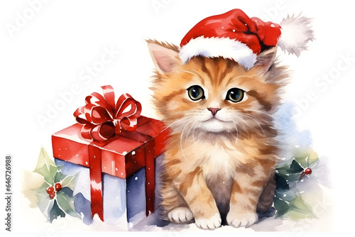 Cute cat with gifts with red hat, gift and christmas tree on white background for merry christmas celebration. Watercolor illustration background