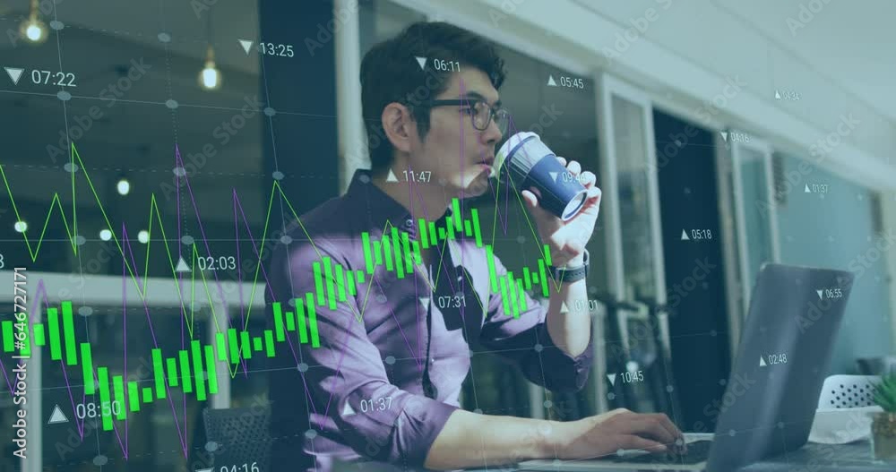 Animation of data processing against asian man drinking coffee while using laptop at a cafe Animation of data processing against asian man drinking coffee while using laptop at a cafe