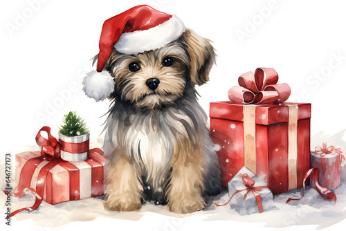 Cute dog with gifts with red hat, gift and christmas tree on white background for merry christmas celebration. Watercolor illustration background