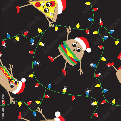 Burger, hotdog and pizza in Santa's hat hang on the lights. Christmas seamless pattern. Vector illustration.