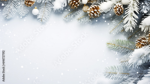 Christmas New Years banner fir tree branches covered with snow pine cones on white background. Template with copy space