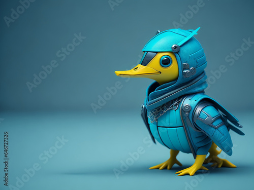 futuristic bird wearing a light blue cyberpunk jacket