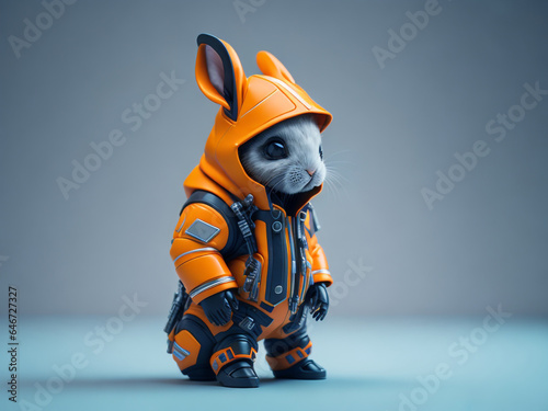futuristic rabbit wearing an orange cyberpunk jacket