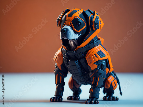 futuristic dog wearing an orange cyberpunk jacket