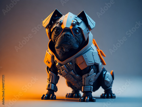 futuristic pitbull dog wearing a metallic and orange cyberpunk jacket