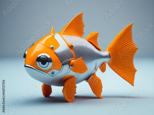 futuristic goldfish wearing an orange cyberpunk jacket photo