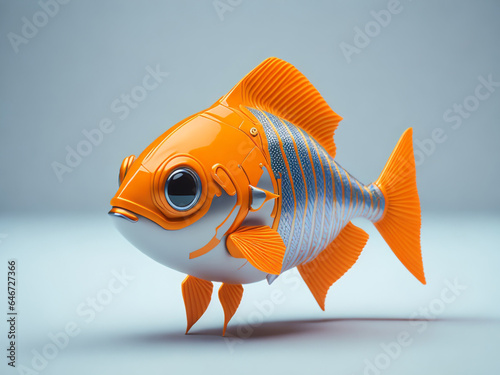 futuristic goldfish wearing an orange cyberpunk jacket