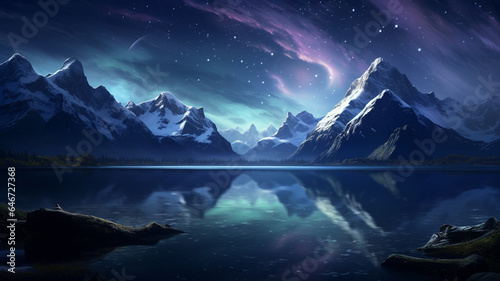 beautiful night starry sky with mountains and lake