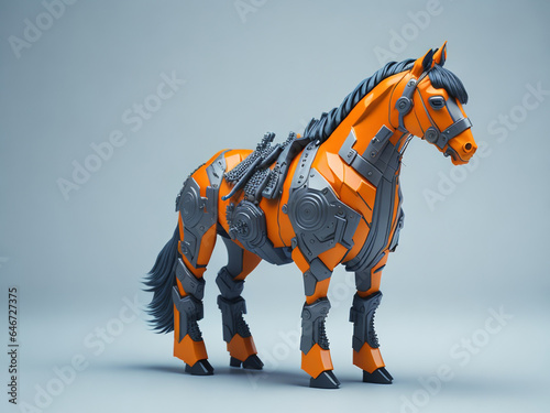 futuristic horse wearing an orange cyberpunk armor