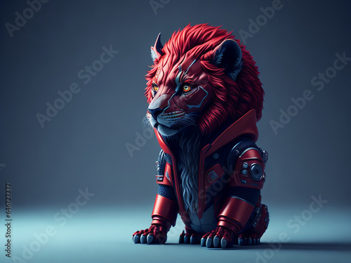 futuristic lion wearing a gray and red cyberpunk jacket