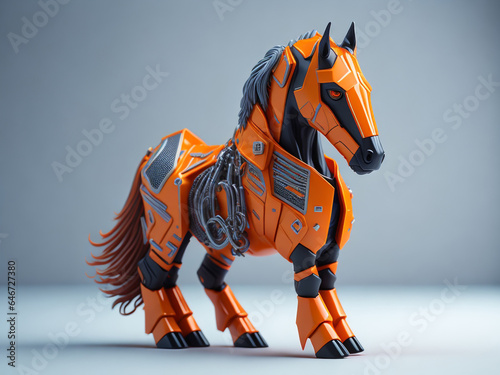 futuristic horse wearing an orange cyberpunk armor