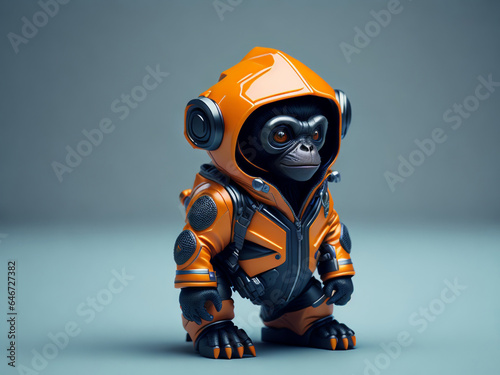 futuristic monkey gorilla wearing an orange cyberpunk armor