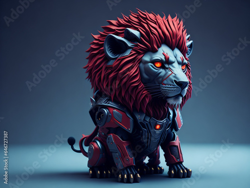 futuristic lion wearing a gray and red cyberpunk jacket