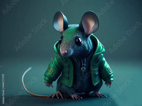 futuristic mouse wearing a green cyberpunk jacket