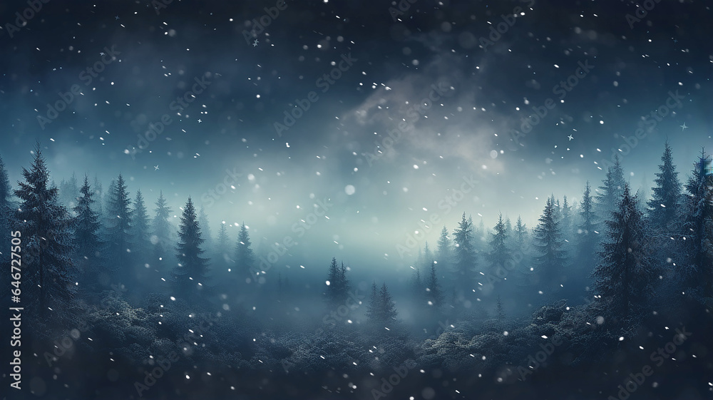 landscape night snowfall in a winter forest, panorama of a blurred background night in a blue coniferous forest swept by snow - obrazy, fototapety, plakaty 