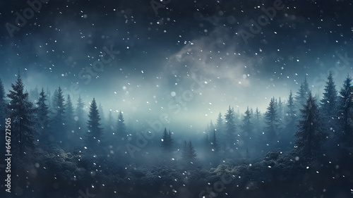 landscape night snowfall in a winter forest, panorama of a blurred background night in a blue coniferous forest swept by snow © kichigin19