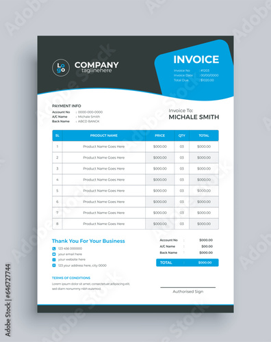 Minimal Corporate Business Invoice design template vector illustration bill form price invoice. Creative invoice template vector. business stationery design payment agreement design template