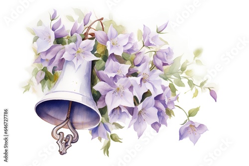 Watercolor bell with bouquet of bluebells. Hand drawn illustration