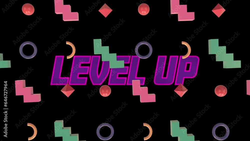 Animation of level up text banner over abtract 3d shapes in seamless pattern on black background