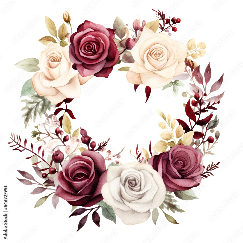 Watercolor floral wreath with roses and leaves. Hand painted illustration isolated on white background
