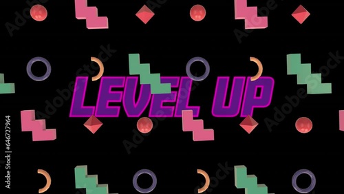 Animation of level up text banner over abtract 3d shapes in seamless pattern on black background photo