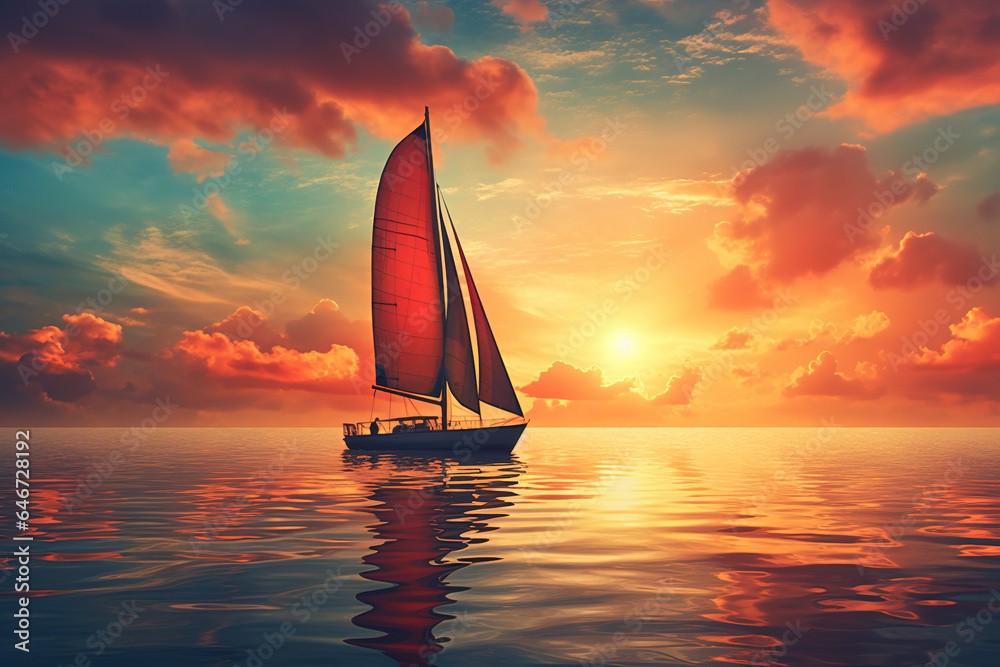 sailboat, horizon, golden hour, cinematic, album cover, colorful, gloomy