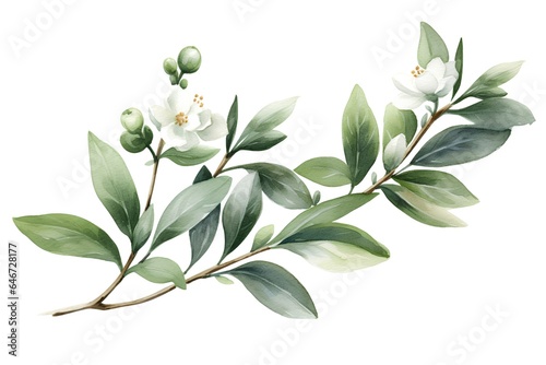 Watercolor jasmine branch with green leaves and flowers. Hand painted illustration on white background