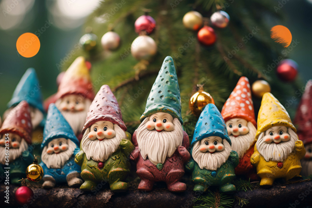 A Captivating Closeup of Christmas Tree Decorations in the Form of Charming Gnomes, Evoking Whimsical Holiday Delight and Festive Cheer