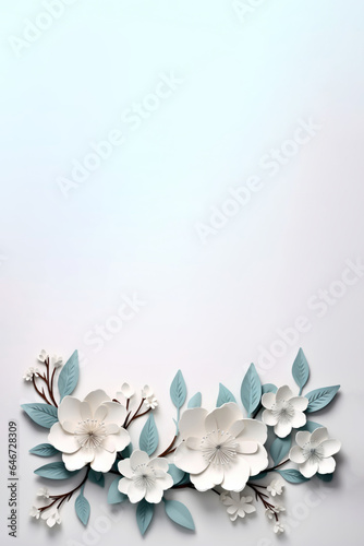 Vertical paper cut decoration with white blooming flowers with empty copy space background. Abstract floral origami card
