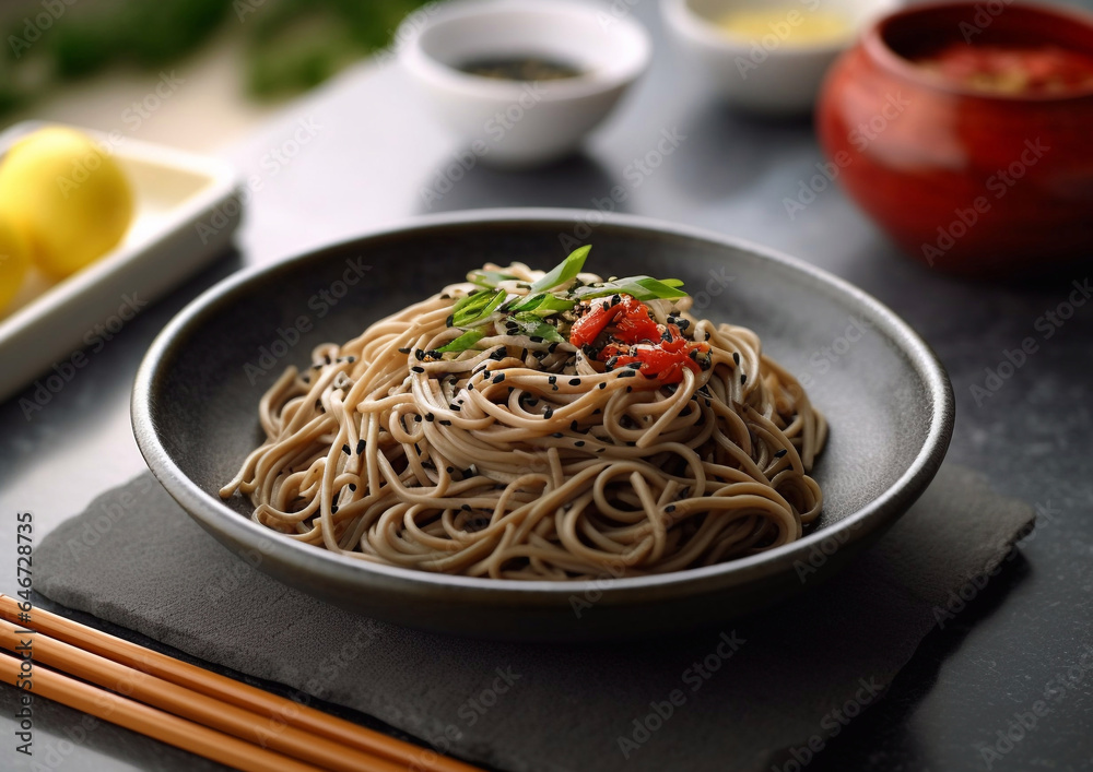 Plate of soba buckwheat noodles on restaurant table.Macro.AI Generative Plate of soba buckwheat noodles on restaurant table.Macro.AI Generative