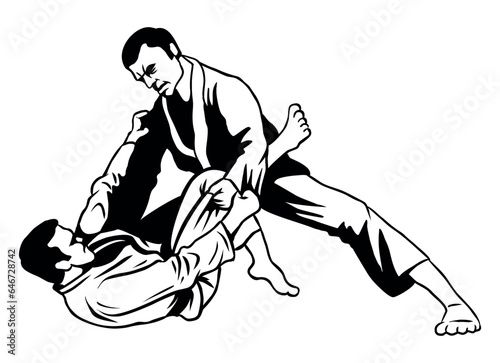 Line art illustration, two men training Jiu Jitsu. Isolated on white background.