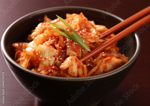 Bowl with kimchi traditional korean food with chopsticks.Macro.AI Generative