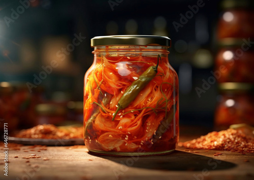 Kimchi spicy food in glass jar on wooden table.Macro.AI Generative