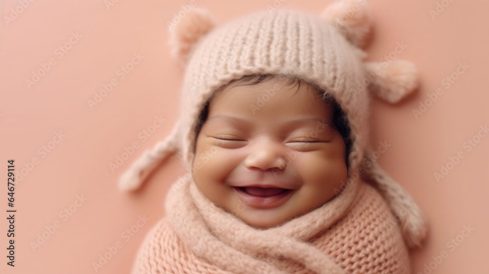 Portrait of a joyful baby in neutral clothes, grinning at the camera against a light beige studio background. Generative AI Portrait of a joyful baby in neutral clothes, grinning at the camera against a light beige studio background. Generative AI