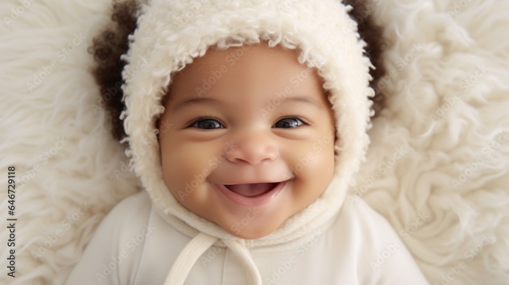 A happy newborn in neutral clothing, posing on a light beige studio background with a joyful smile. Generative AI A happy newborn in neutral clothing, posing on a light beige studio background with a joyful smile. Generative AI