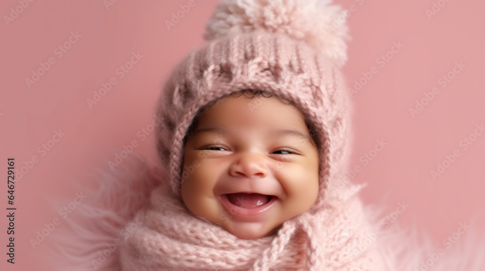 Multicultural baby in neutral attire, beaming with happiness on a beige studio background. Generative AI Multicultural baby in neutral attire, beaming with happiness on a beige studio background. Generative AI