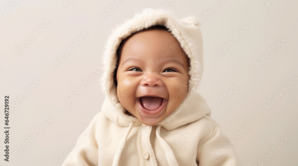 A multicultural newborn in neutral attire smiles happily against a light beige background. Generative AI A multicultural newborn in neutral attire smiles happily against a light beige background. Generative AI
